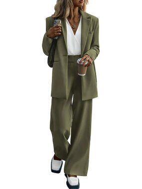 Women's Army Green Polyester Blend Casual Loose Long Wide Leg 2 Piece Blazer Set